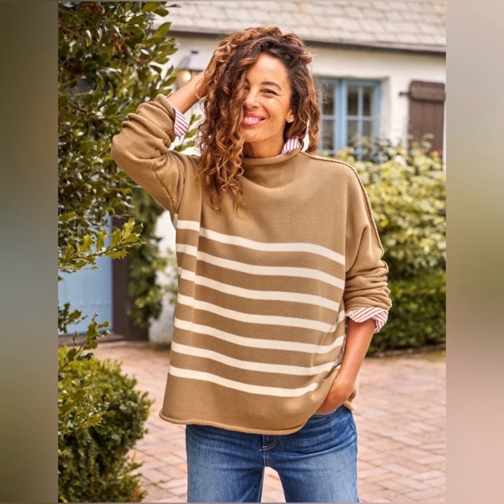 NWT Frank & Eileen Monterey Rolled Funnel Neck Sweater‎ Camel Stripe Size XS